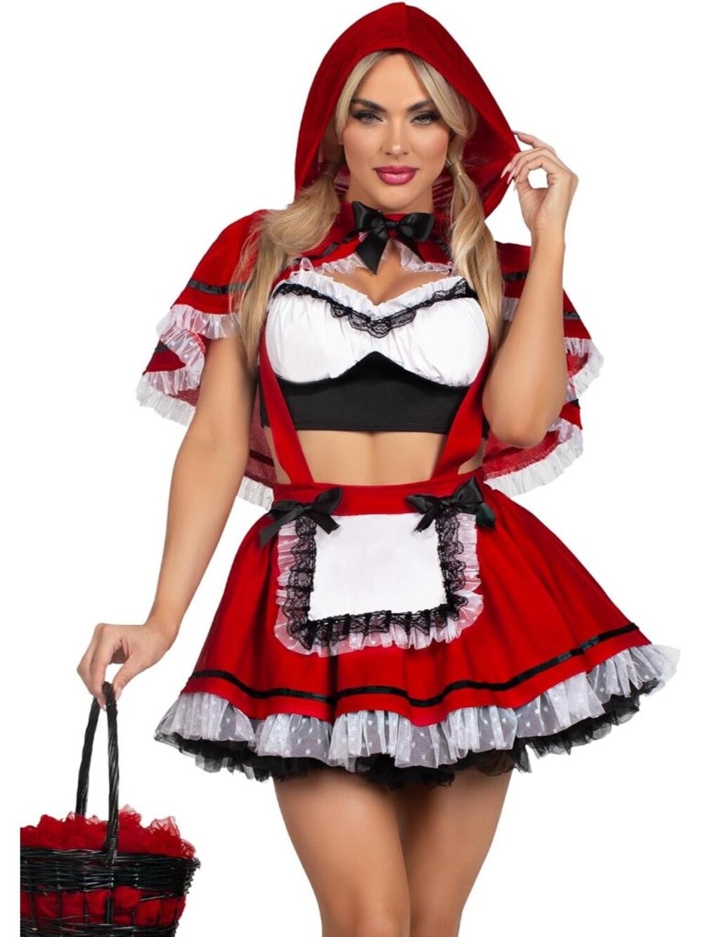 Womens Flirty Miss Red Includes Lace Trimmed Crop Top Suspender Skirt and Hooded